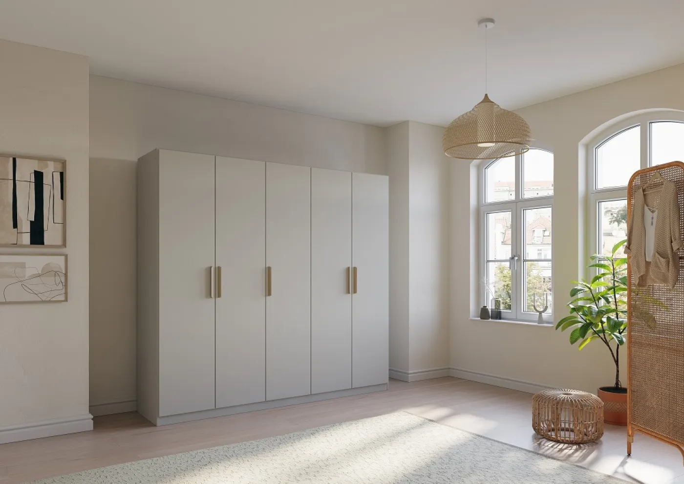 Kleiderschrank Drehtürenschrank Quadra-Spin | 5-türig | seidengrau | 226x210 | Griff Skandi