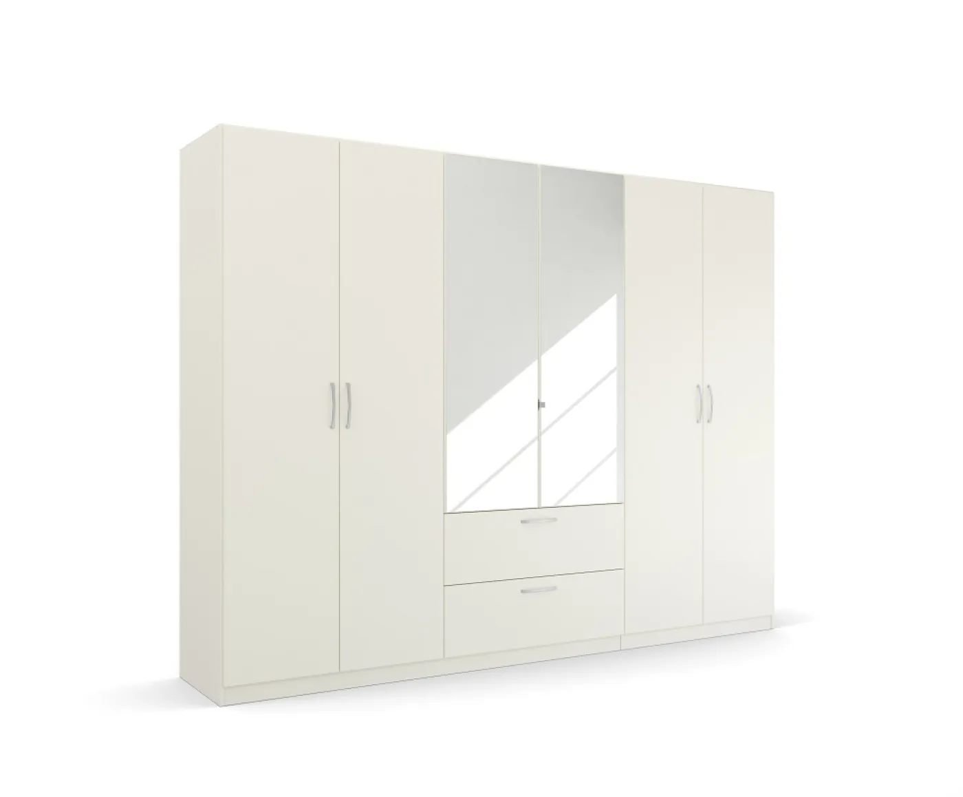 Kleiderschrank Drehtürenschrank Quadra-Spin | 6-türig | mit Spiegeltüren & Schubkästen | alpinweiß | 271x210 | Griff Pure