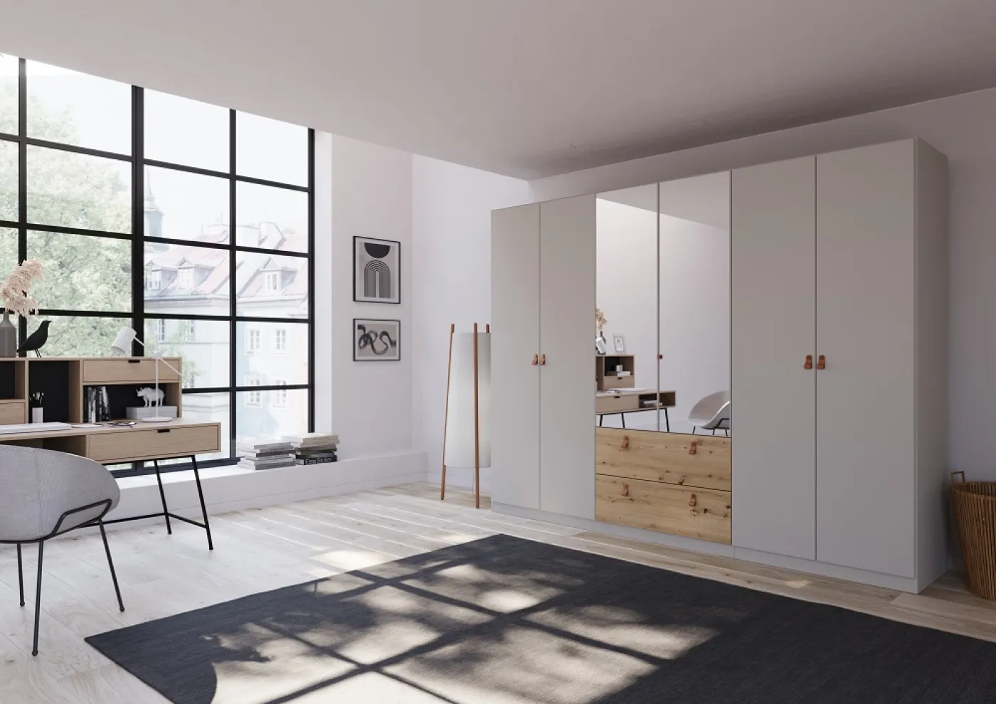 Kleiderschrank Drehtürenschrank Quadra-Spin | 6-türig | mit Spiegeltüren & Schubkästen | seidengrau / Eiche Artisan | 271x210 | Griff Homey