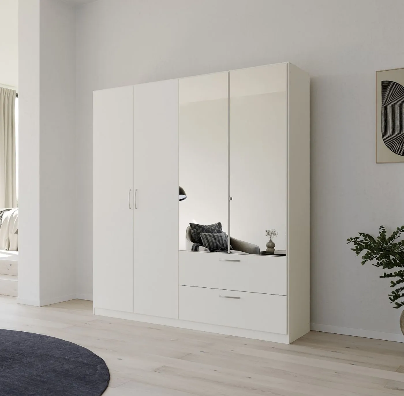 Kleiderschrank Drehtürenschrank Quadra-Spin | mit Spiegeltüren & Schubkästen | alpinweiß | Griff