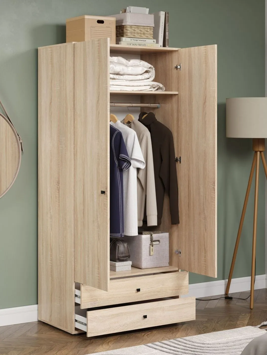 Kleiderschrank Garderobenschrank Basics mit Schubkästen | Eiche Sonoma hell