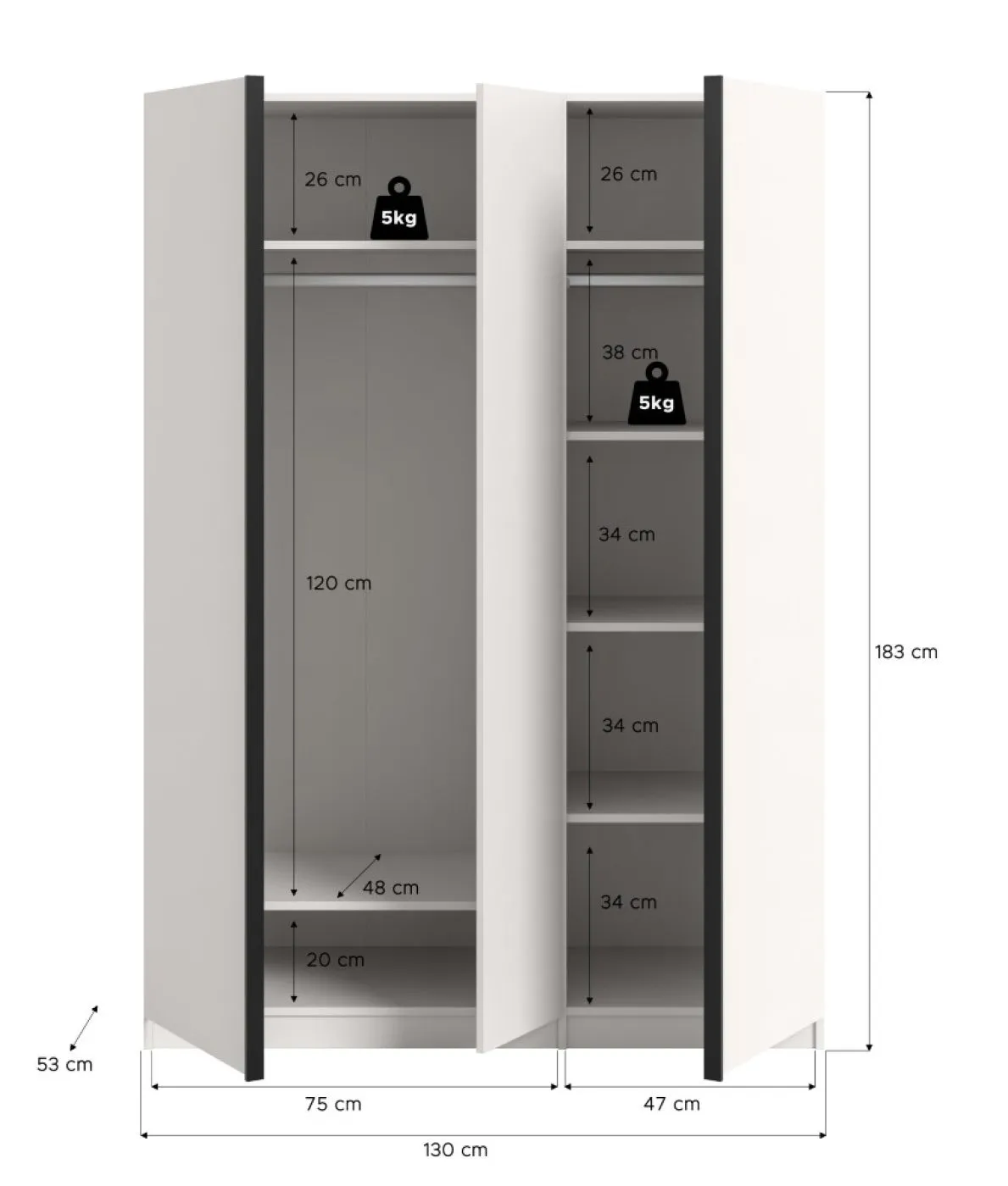 Kleiderschrank Oakland | mit 3 Türen & 4 Einlegeböden | weiß