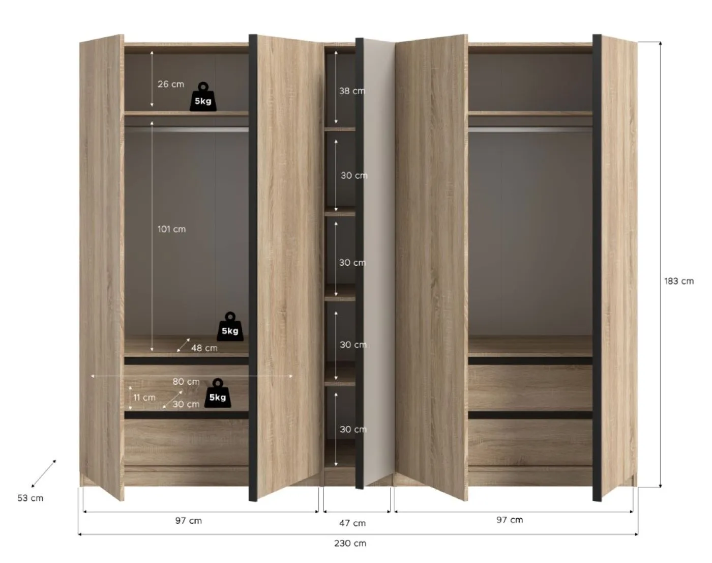 Kleiderschrank Oakland | 5 Türen | Drehtürenschrank | Sonoma Eiche