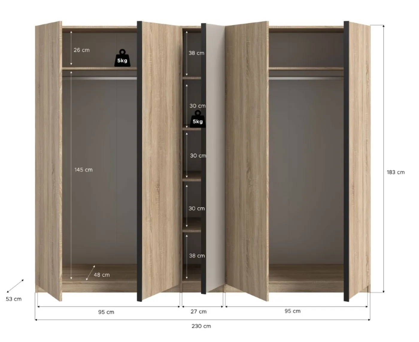 Kleiderschrank Oakland | mit 5 Türen | Sonoma Eiche