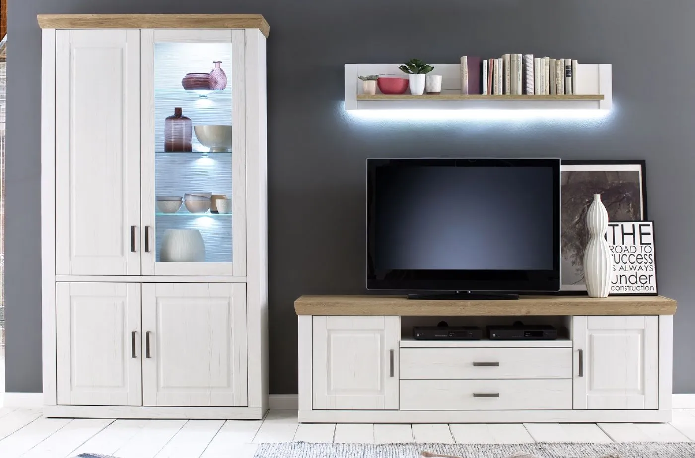Kombi-Vitrine Brixen | Landhaus modern | Pinie Aurelio / Grandson Oak Komplettset