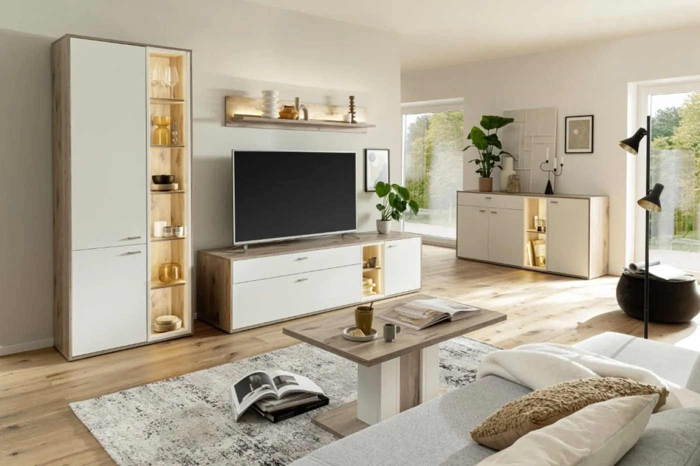 Kombi-Vitrine Santerno | Soft white / Viking Oak | ohne Beleuchtung