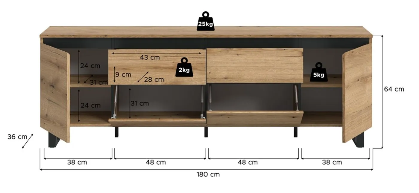 Lowboard TV-Board Tomasa | Evoke Oak / schwarz