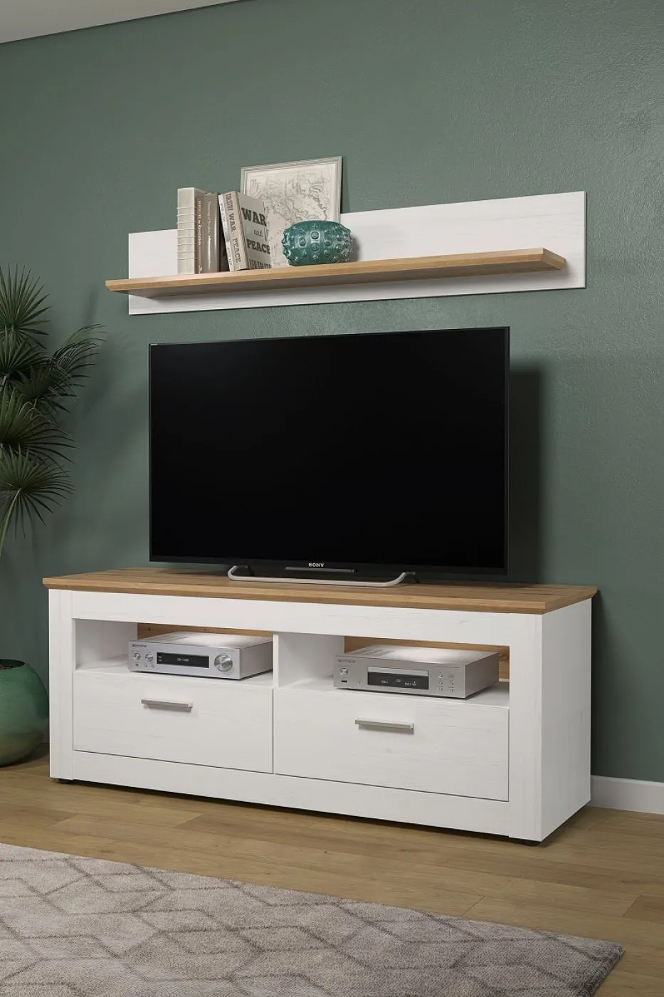 Lowboard TV-Schrank Shade | Andersen Pinie weiß / Artisan Eiche | Landhausstil | LED Beleuchtung