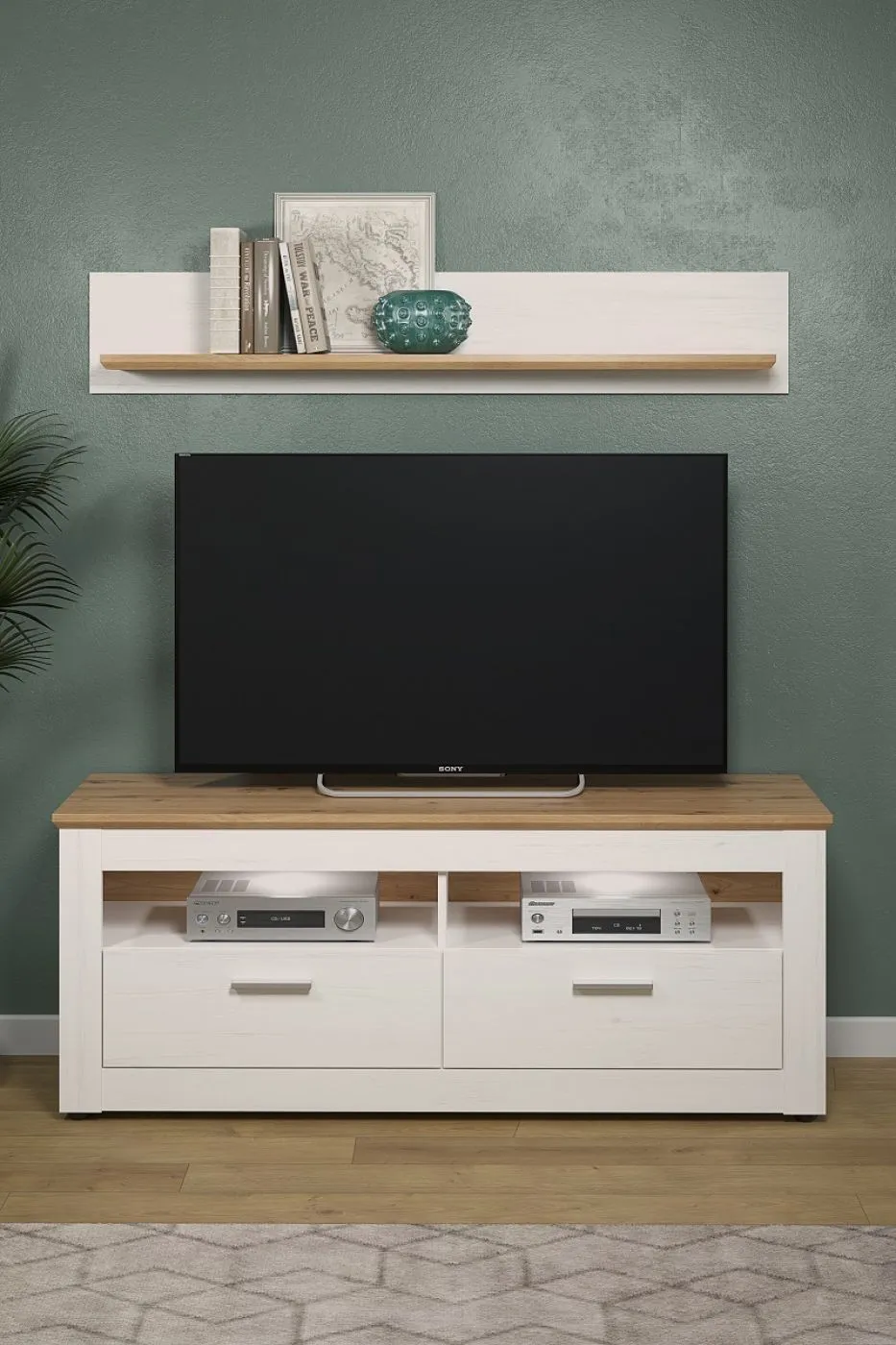 Lowboard TV-Schrank Shade | Andersen Pinie weiß / Artisan Eiche | Landhausstil | LED Beleuchtung