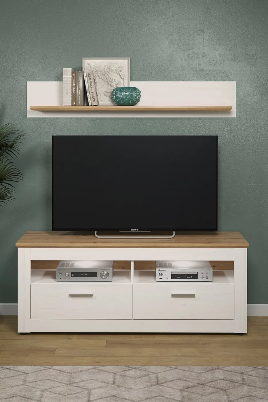 Lowboard TV-Schrank Shade | Andersen Pinie weiß / Artisan Eiche | Landhausstil | mit 2er Set LED Unterbauspots