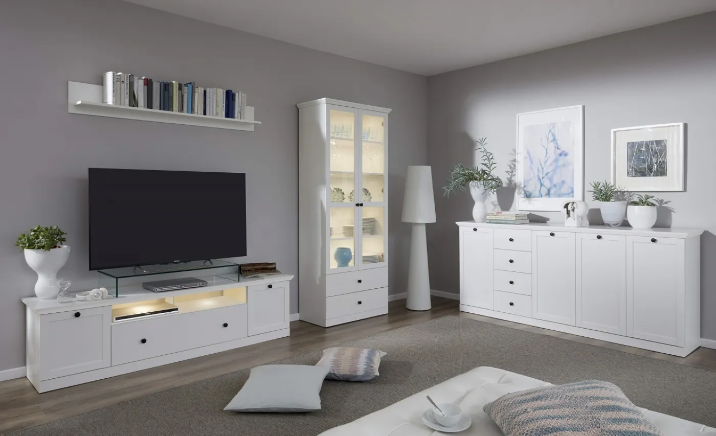 Lowboard TV-Unterteil Baxter | Landhausstil | weiß | mit 2er Set LED Unterbauspots