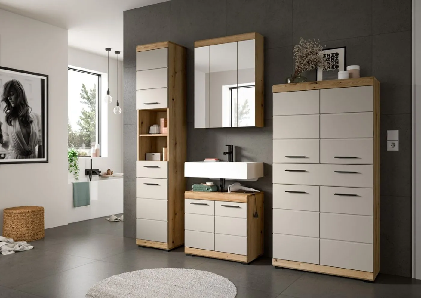Midischrank breit Scout | mit Schubkasten | Kaschmir / Evoak Oak