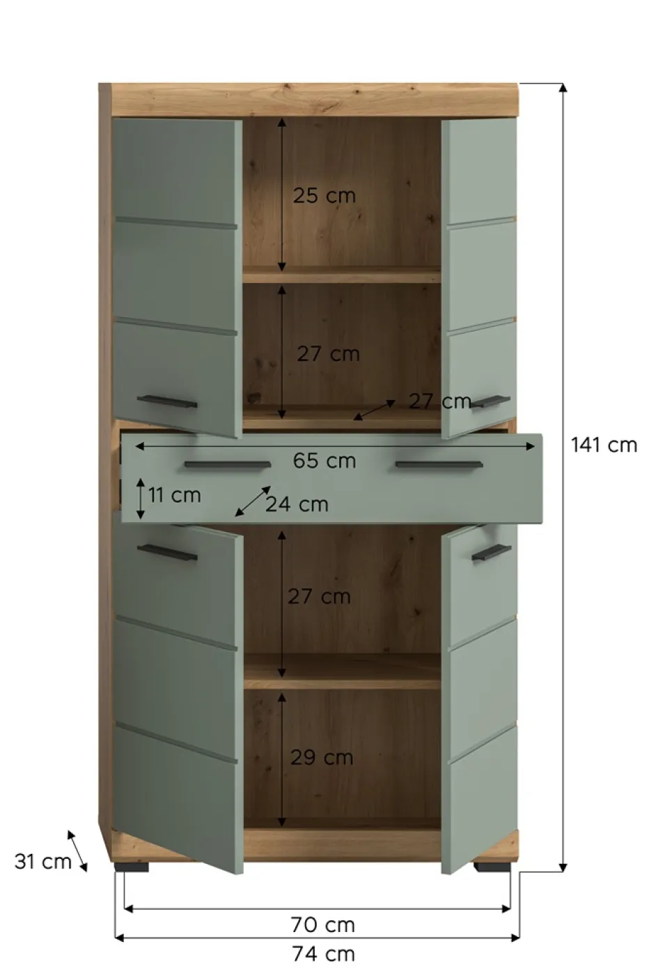 Midischrank breit Scout | mit Schubkasten | Salbei / Artisan Eiche