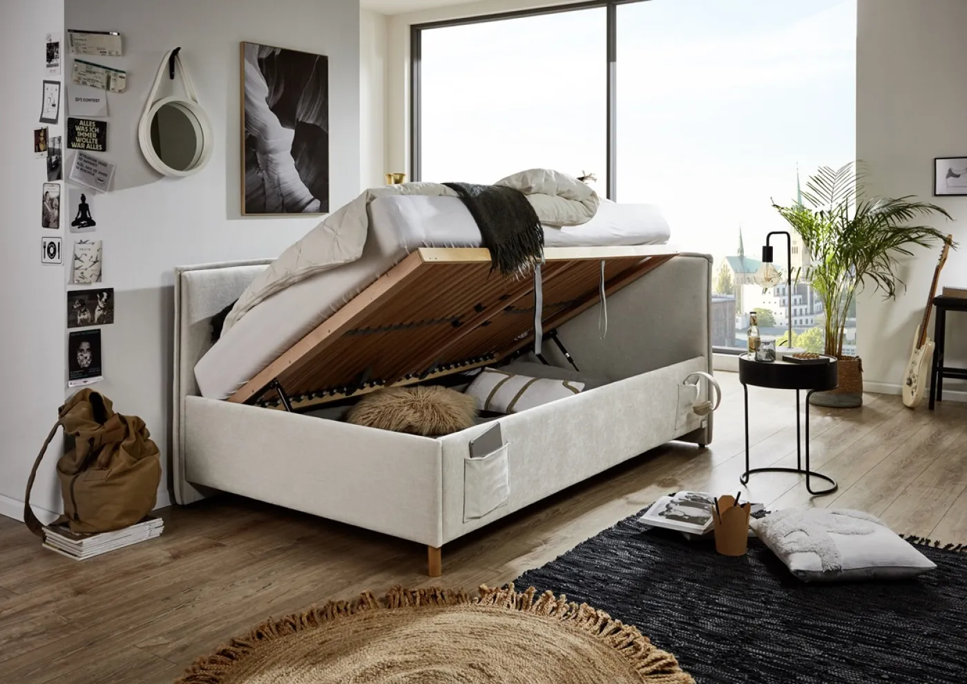 Polsterbett Fun | beige | 120 x 200 cm | mit Rückenteil | mit Bettkasten & mit Matratze