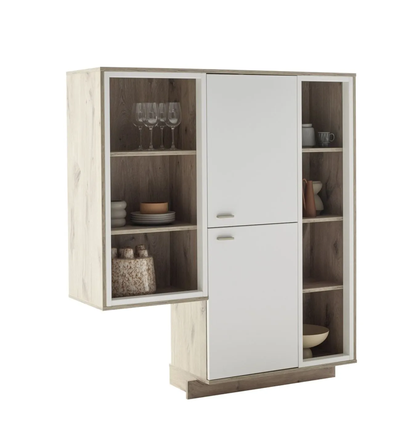 Regalschrank Highboard Santerno | Soft white / Viking Oak | mit Beleuchtung 85 cm