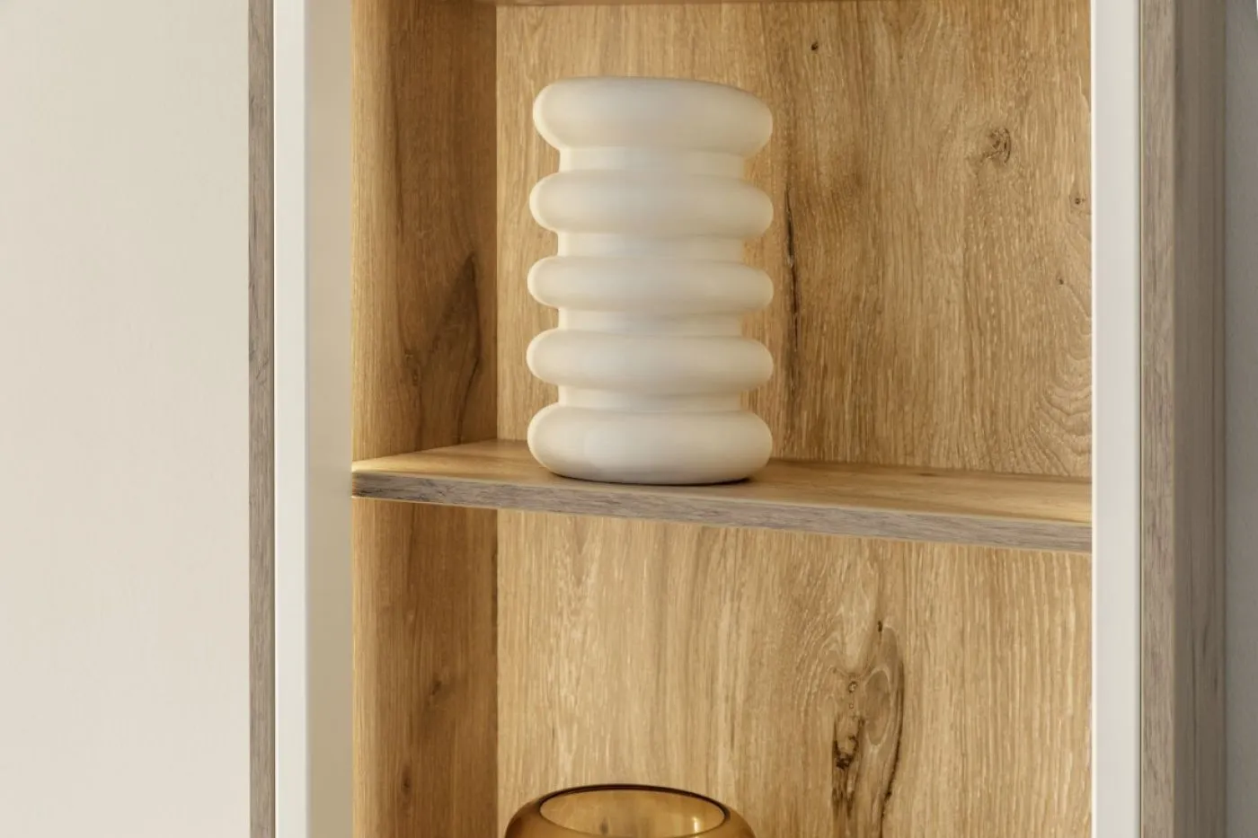 Regalschrank Highboard Santerno | Soft white / Viking Oak | mit Beleuchtung 85 cm