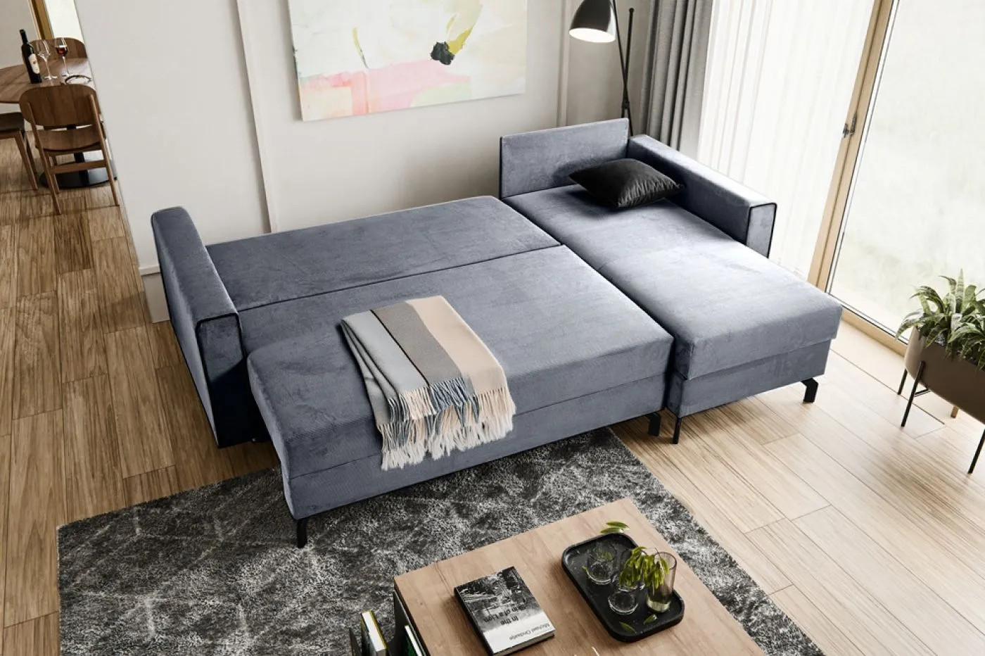 Schlafsofa Marti L-Form rechts | 230cm | Cord | blau-grau