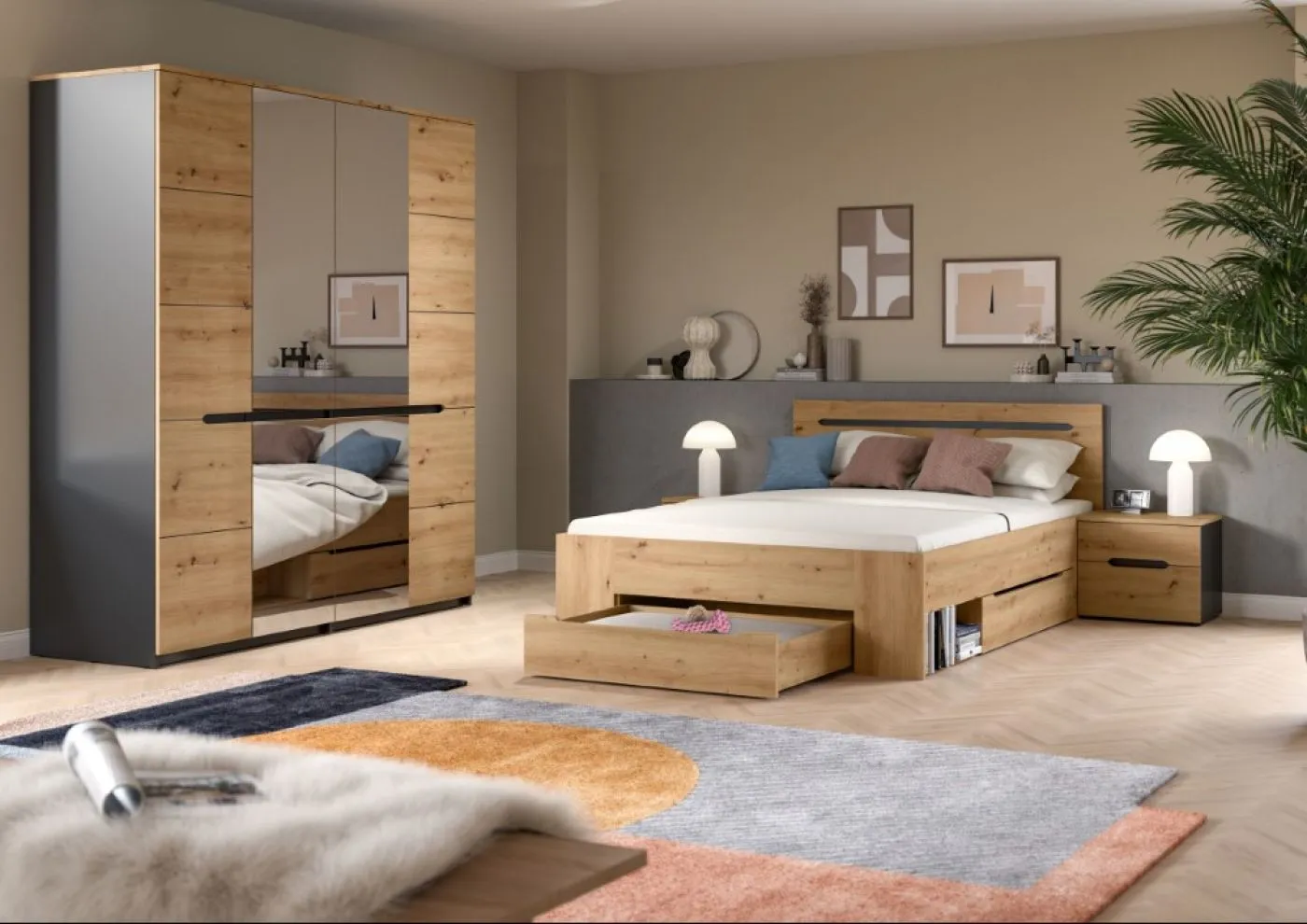Schlafzimmer-Set Canu | Kleiderschrank mit Spiegeltüren | Artisan / Basalt grau | 4-teilig