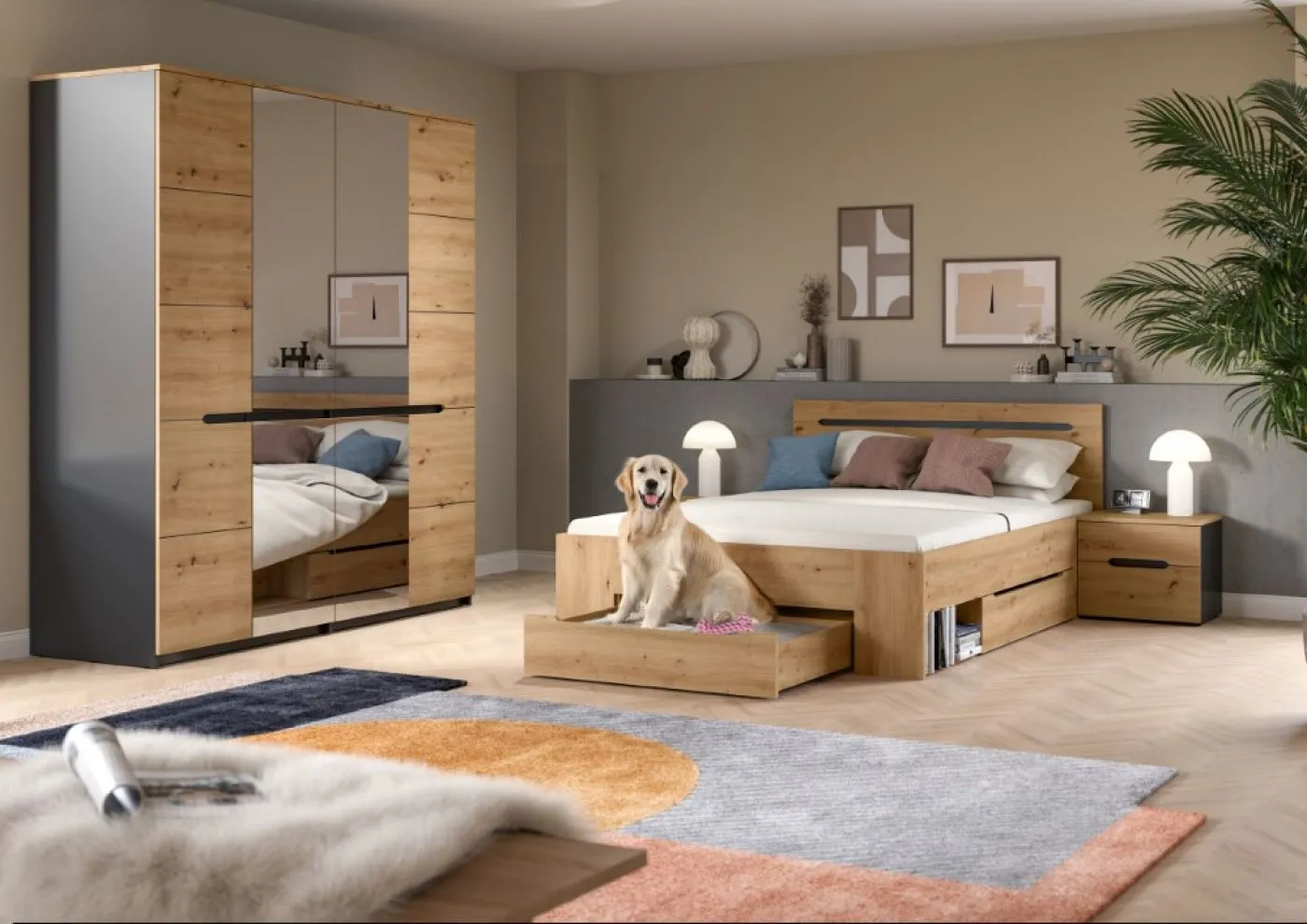Schlafzimmer-Set Canu | Kleiderschrank mit Spiegeltüren | Artisan / Basalt grau | 4-teilig