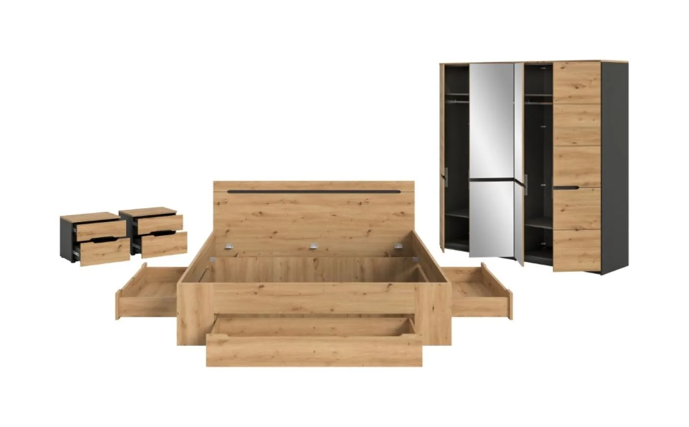 Schlafzimmer-Set Canu (L) | Kleiderschrank mit Spiegeltüren | Artisan / Basalt grau | 4-teilig