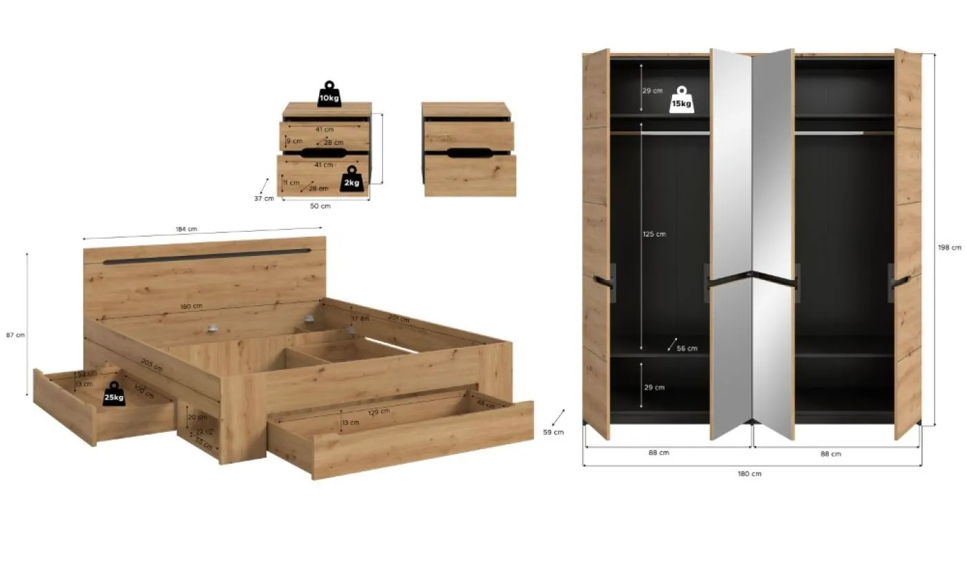 Schlafzimmer-Set Canu (L) | Kleiderschrank mit Spiegeltüren | Artisan / Basalt grau | 4-teilig