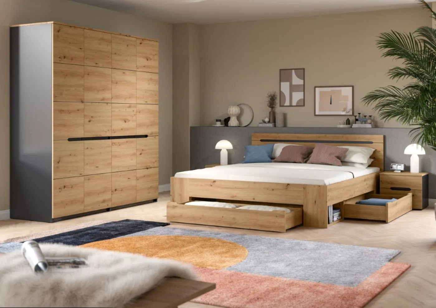 Schlafzimmer-Set Canu (L) | mit Kleiderschrank | Artisan / Basalt grau | 4-teilig