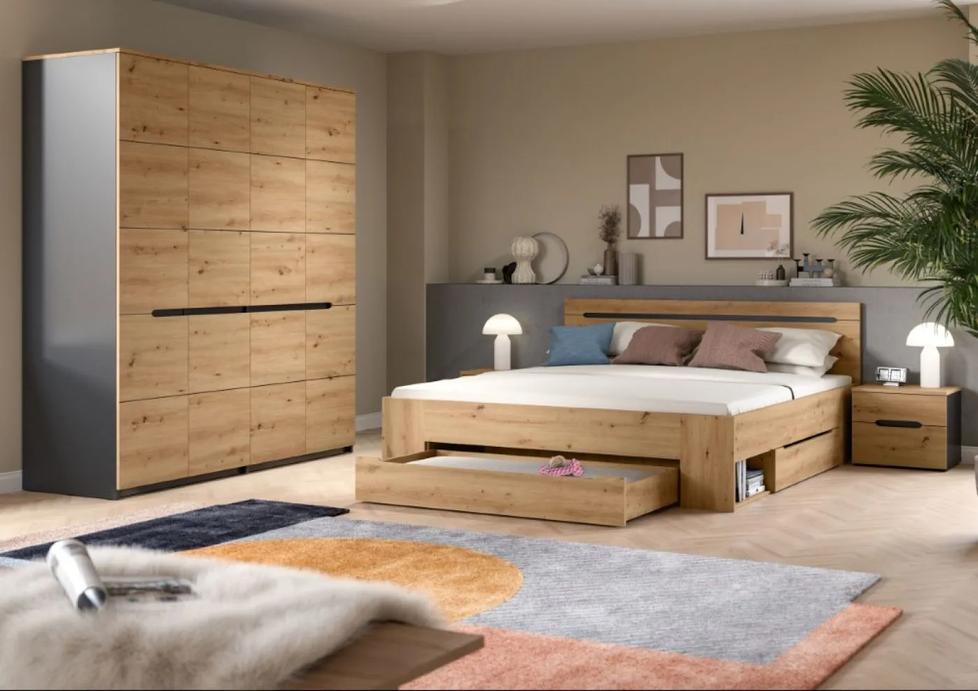 Schlafzimmer-Set Canu (L) | mit Kleiderschrank | Artisan / Basalt grau | 4-teilig