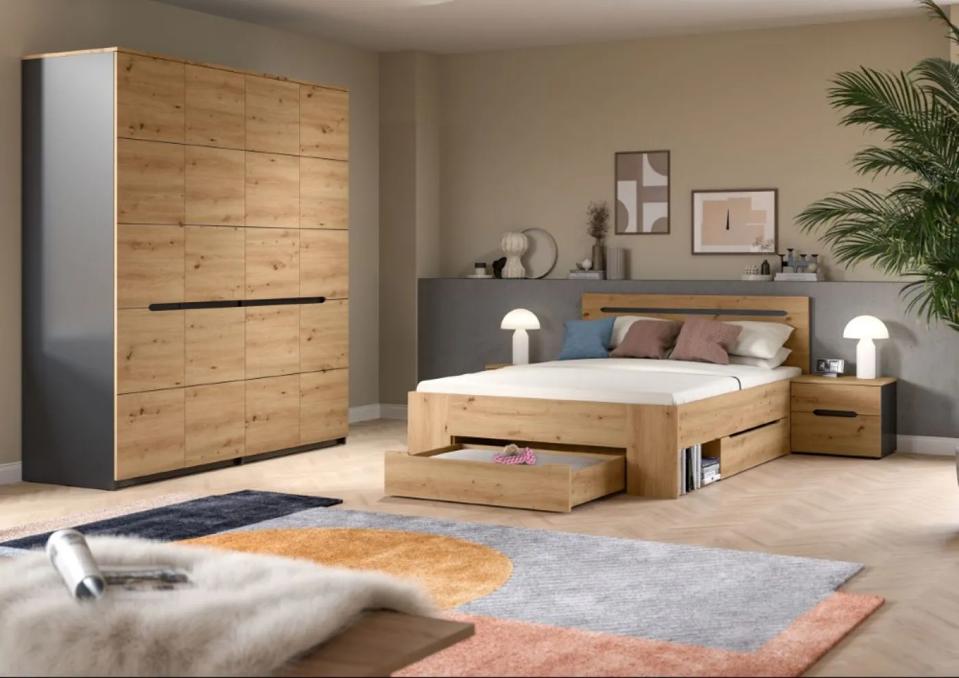 Schlafzimmer-Set Canu | mit Kleiderschrank | Artisan / Basalt grau | 4-teilig
