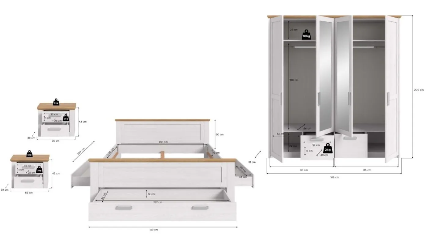 Schlafzimmer-Set Verona 2 | 4-teilig | mit Bettkastenauszügen | Artisan / Sibiu Lärche