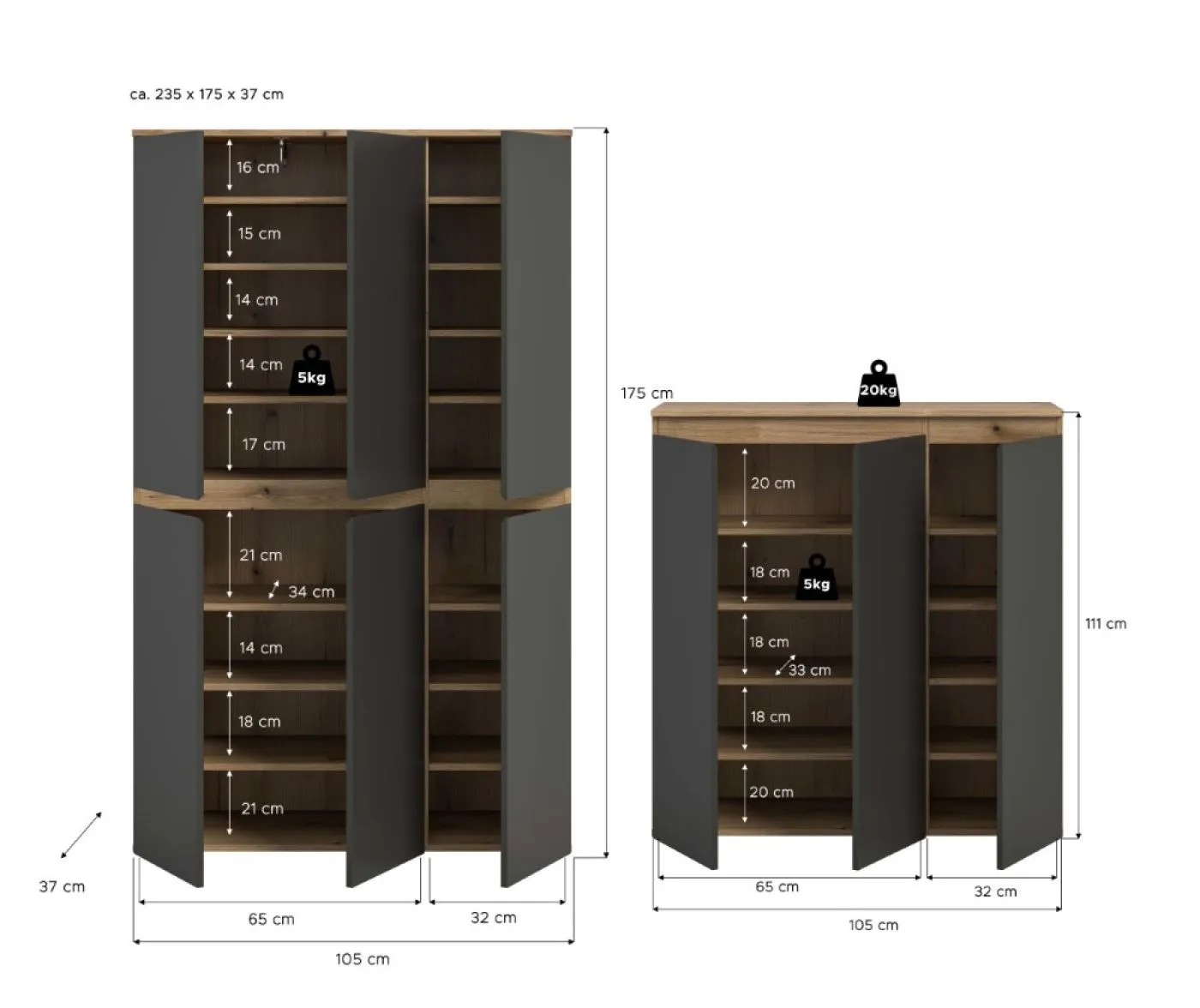 Schrankkombination Scarpa 2 | 2-teilig | anthrazit / Evoke Eiche