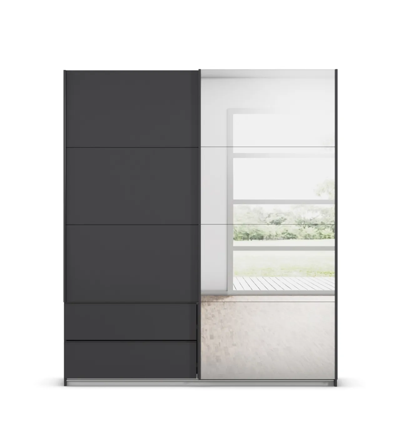 Schwebetürenschrank Elara | mit Spiegel | grau metallic | 181 cm x 210 cm x 62 cm