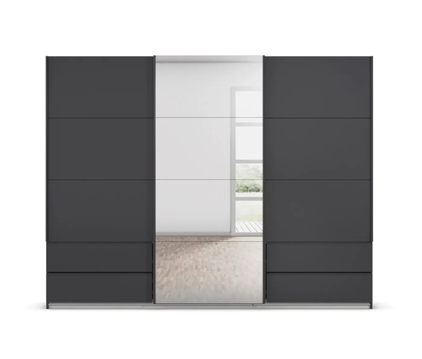 Schwebetürenschrank Elara mit Spiegel | grau metallic | 271 x 210 x 62 cm