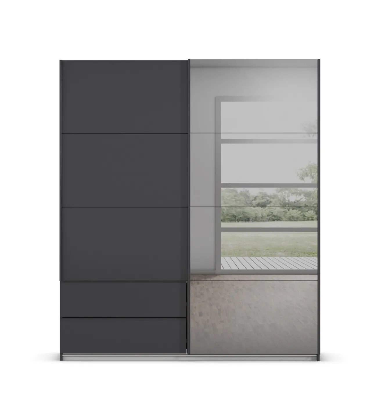Schwebetürenschrank Elara mit Spiegel in grau | grau metallic | 181 x 210 x 62 cm