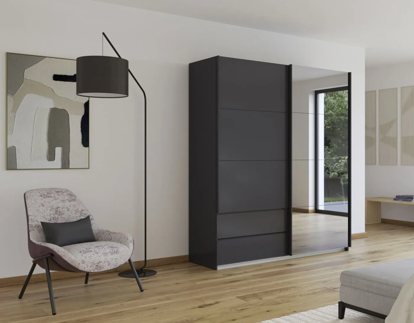 Schwebetürenschrank Elara mit Spiegel in grau | grau metallic | verschiedene Größe