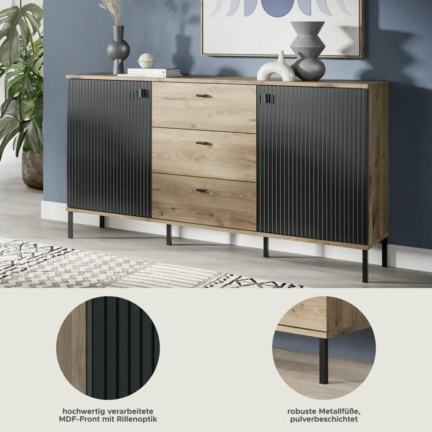 Sideboard Chess | mit 3 Schubkästen | Nox Oak / schwarz