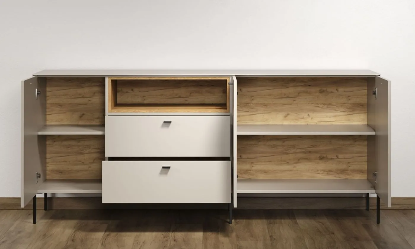 Sideboard Sao Paulo 1, Kaschmir Dekor, Offenes Mittelfach, 2 Schubkästen, Türfronten mit Griffmulden – Ansicht 4