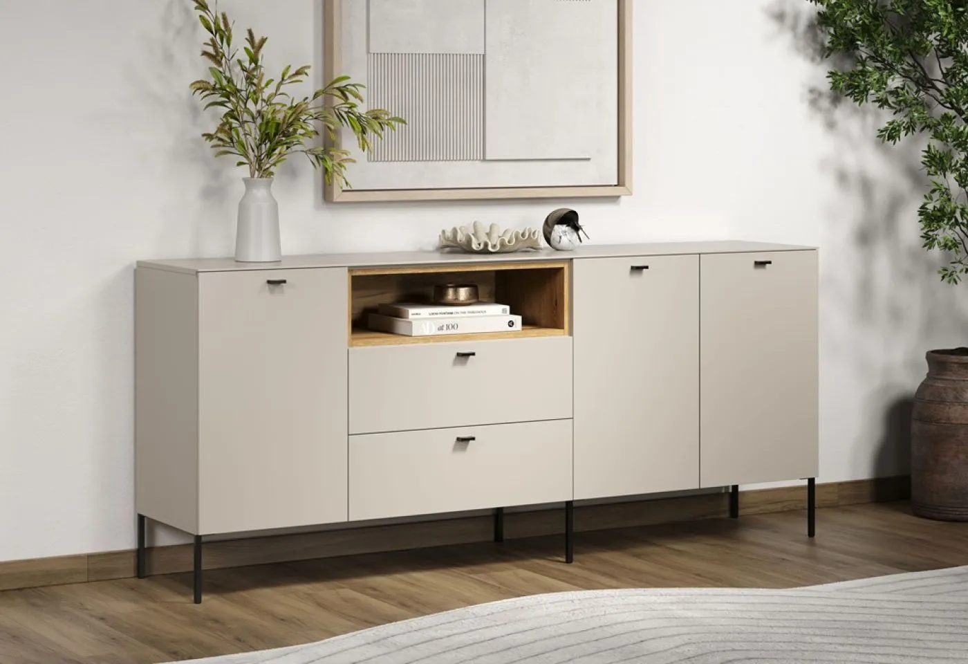 Sideboard Sao Paulo 1, Kaschmir Dekor, Offenes Mittelfach, 2 Schubkästen, Türfronten mit Griffmulden – Ansicht 6