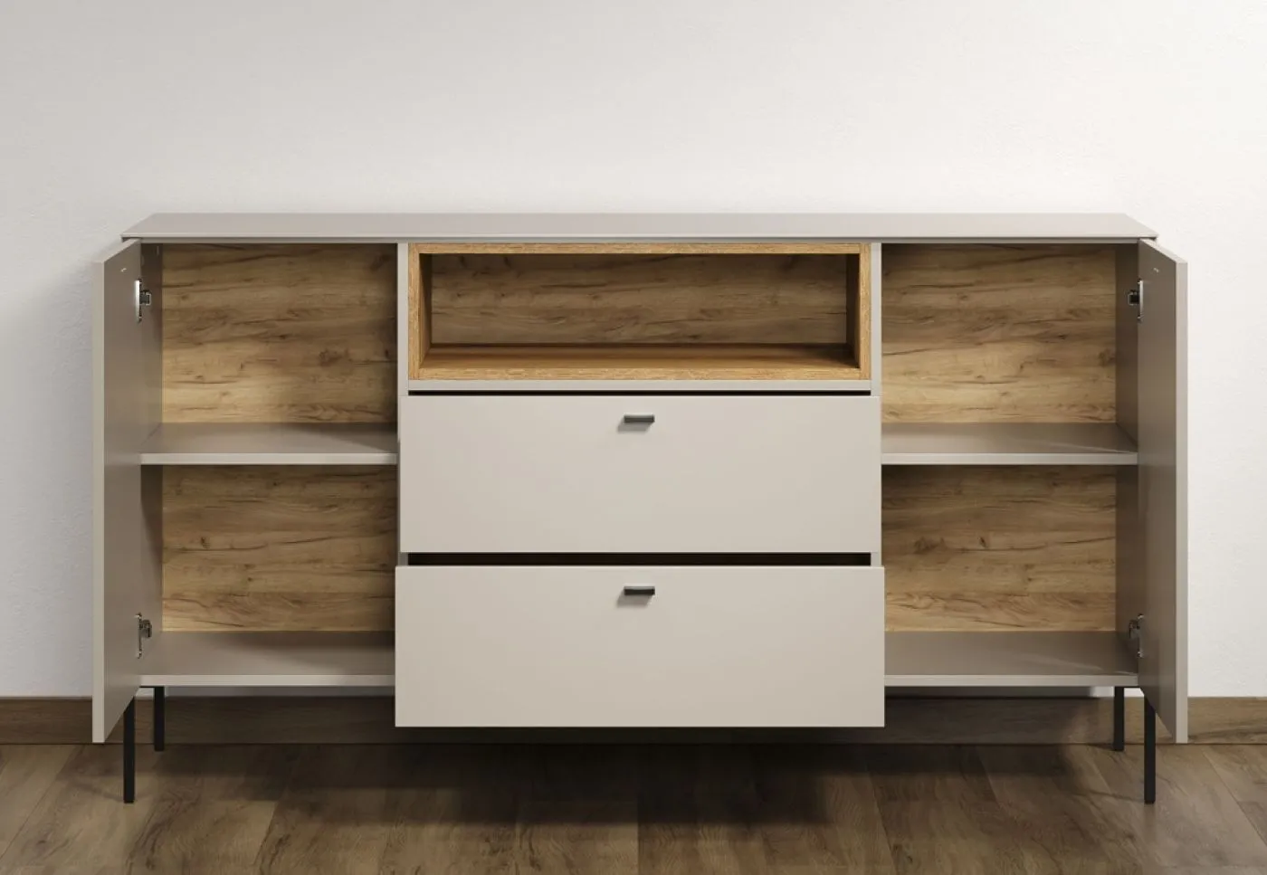 Sideboard Sao Paulo, Kaschmir Dekor, im Wohnzimmer, mit offenen Fächern und Schubkästen, Metallfüße – Ansicht 4