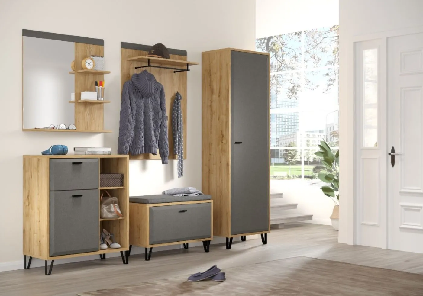 Sitzbank Cheyenne | Eiche Navarra / Filz Dark Grey