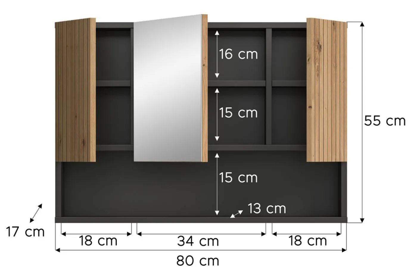 Spiegelschrank Mone | mit offenem Fach | Basalt grau / Artisan Oak ohne Beleuchtung