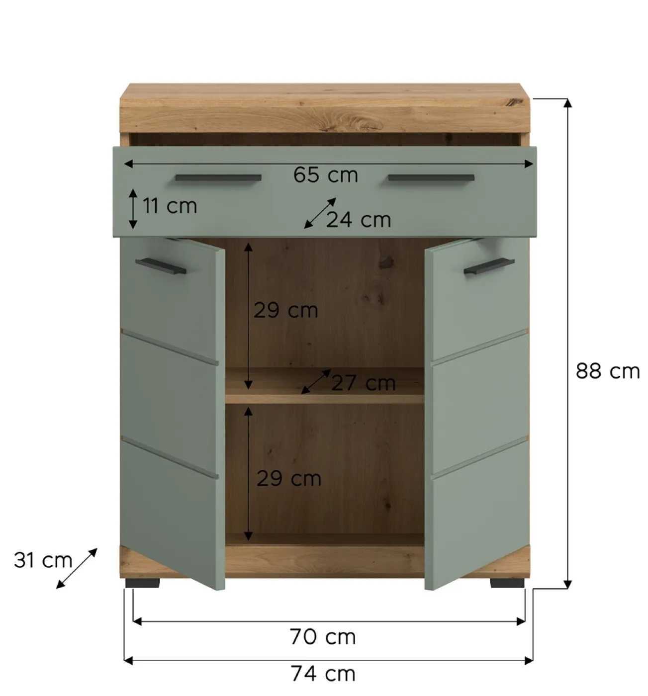 Standschrank breit Scout | mit Schubkasten | Salbei / Artisan Eiche