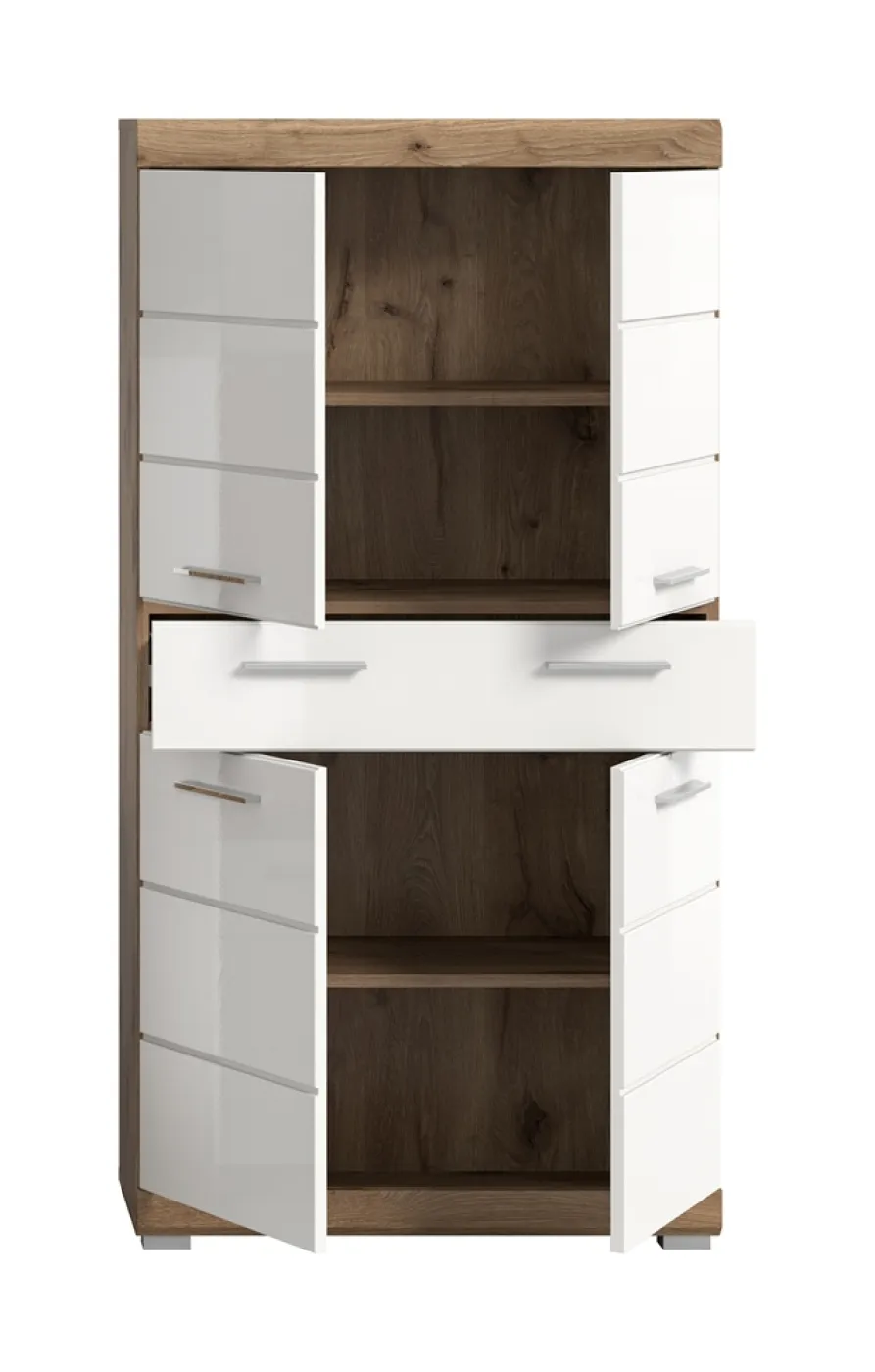 Standschrank breit Wave | weiß Hochglanz / Nox Oak
