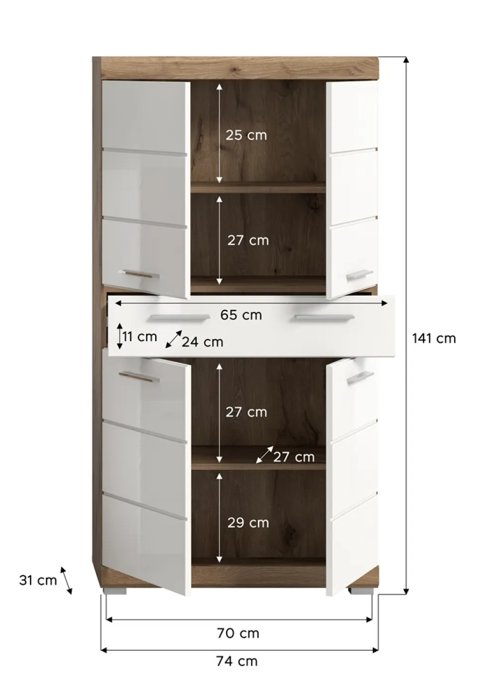 Standschrank breit Wave | weiß Hochglanz / Nox Oak