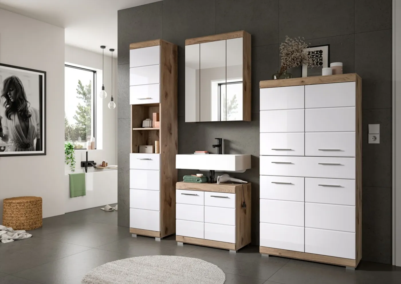 Standschrank breit Wave | weiß Hochglanz / Nox Oak