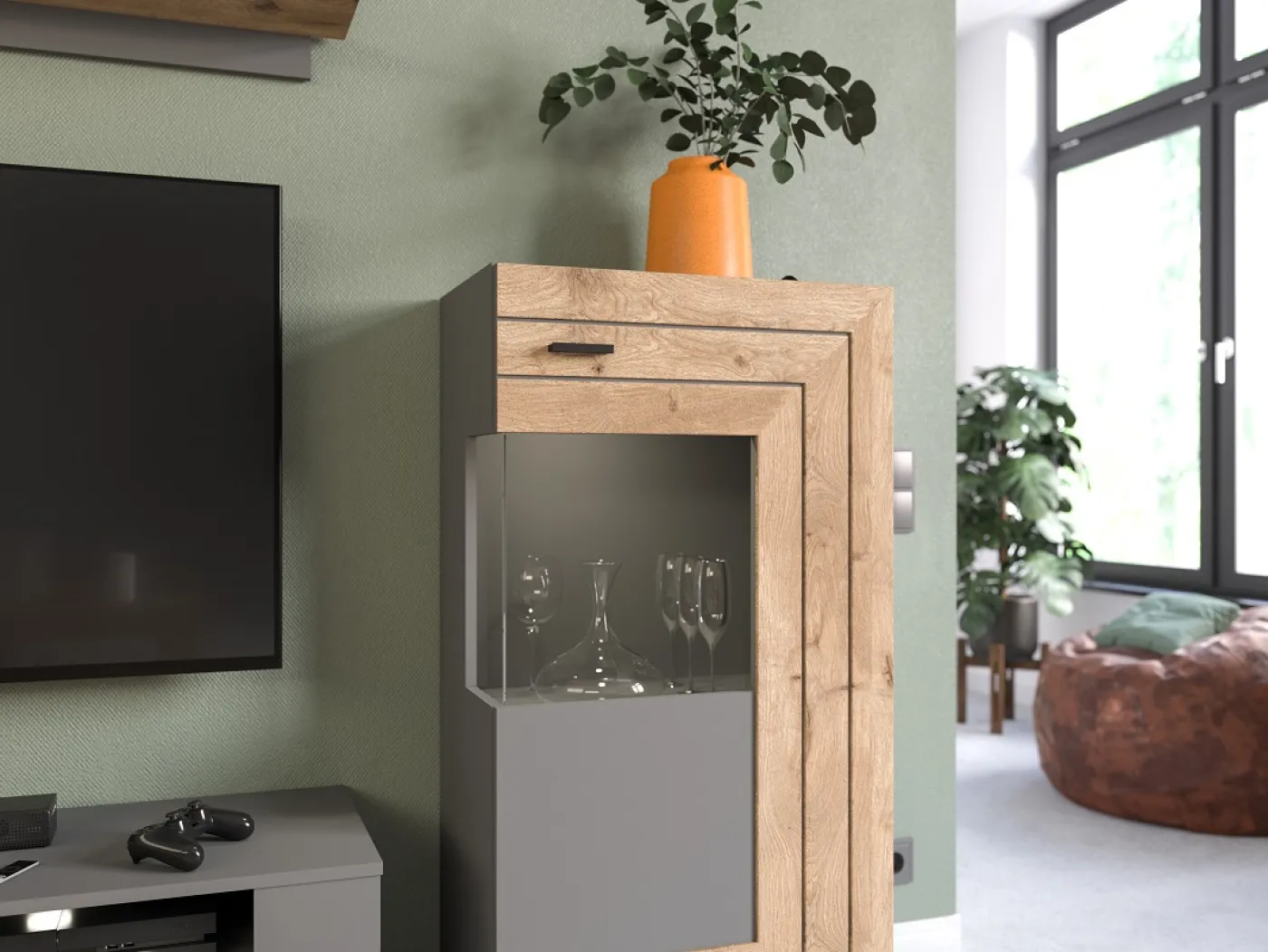 Standschrank Kommode Freno | grau matt / Nox Oak | ohne Beleuchtung