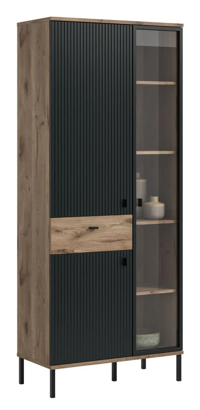 Stauraumvitrine Chess | Nox Oak / schwarz mit 2er Set Unterbauspot