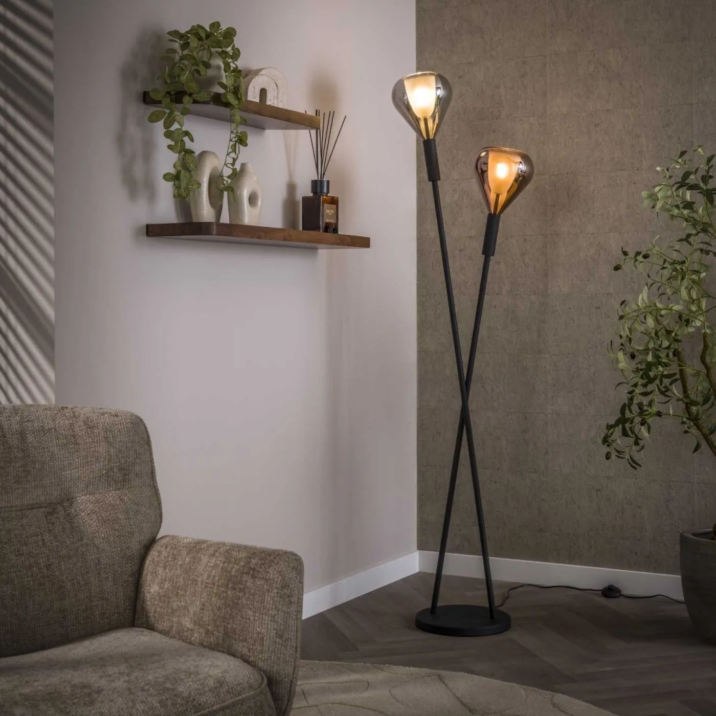 Stehlampe Hani | 2 Leuchten | Glas | Chrom / Kupfer