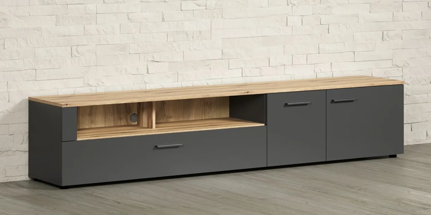 TV-Board Lowboard Esteban | Anthrazit / Coast Evoke Oak 2er Set LED Unterbauspot