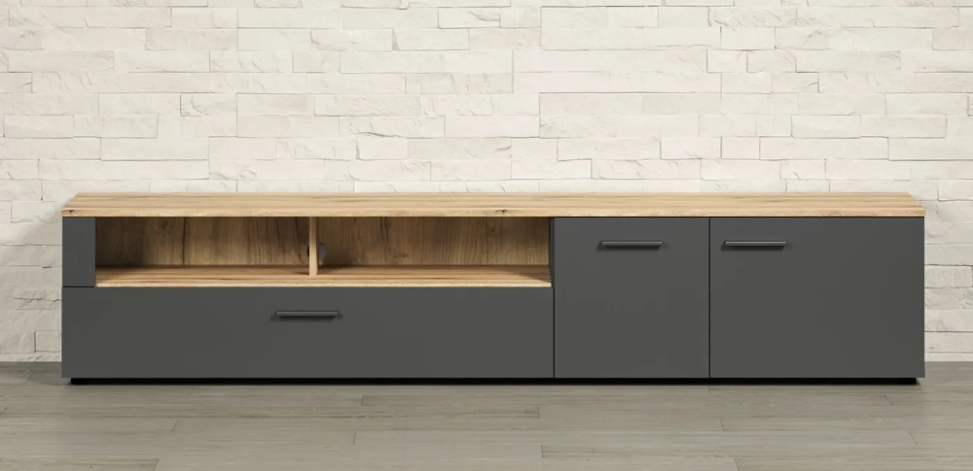 TV-Board Lowboard Esteban | Anthrazit / Coast Evoke Oak 2er Set LED Unterbauspot