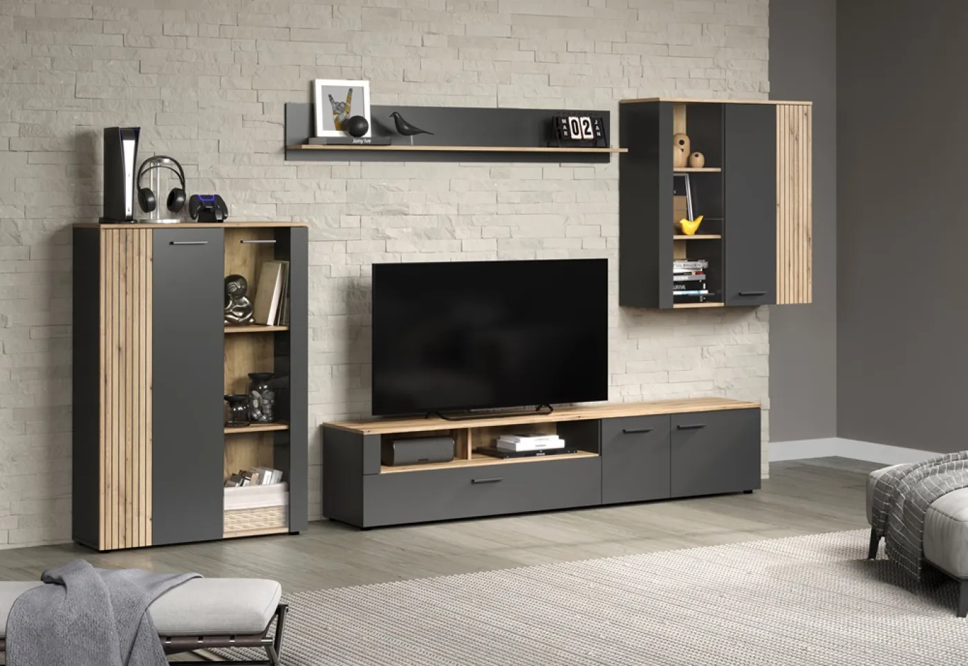 TV-Board Lowboard Esteban | Anthrazit / Coast Evoke Oak